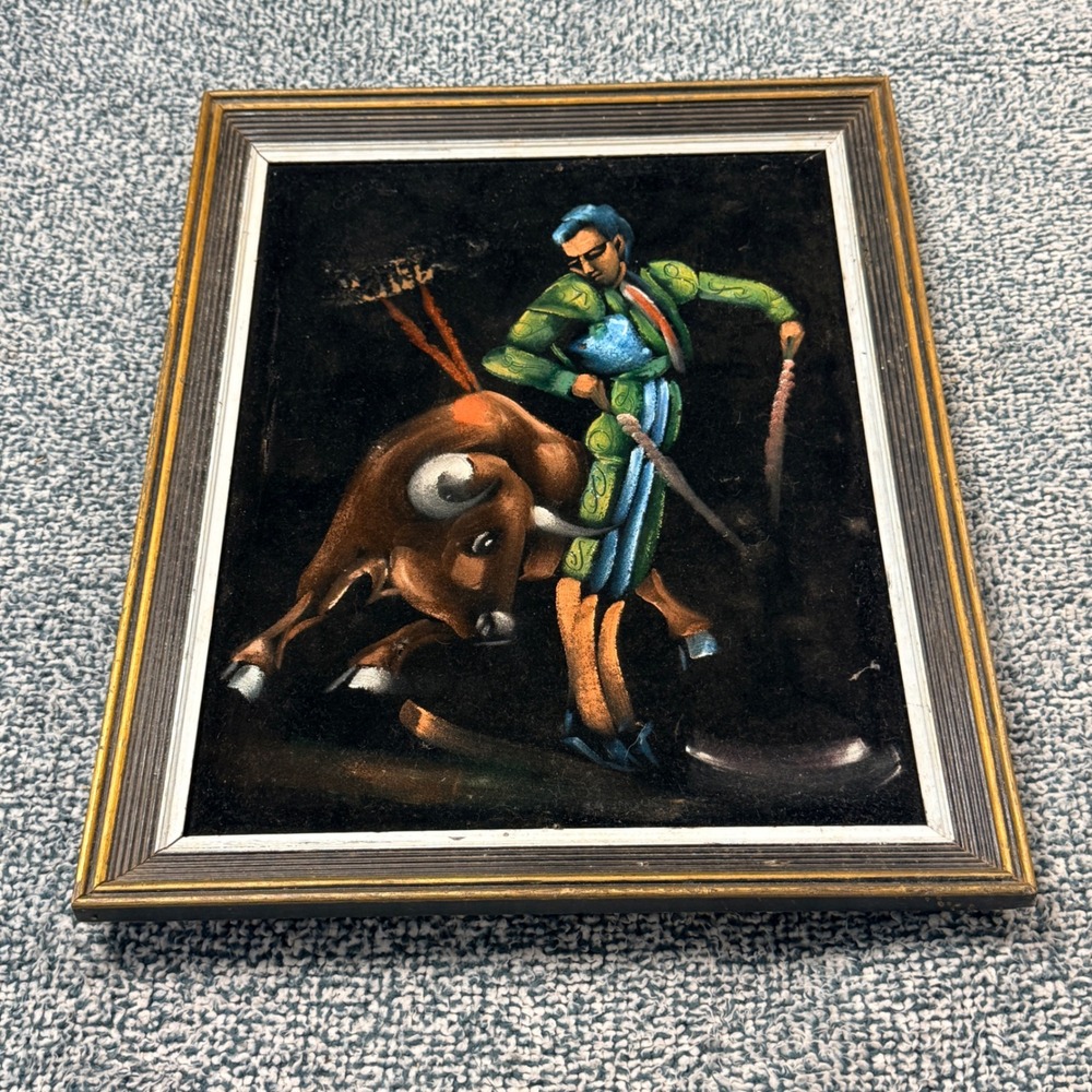 Vintage Matador Bullfight Black Velvet Painting Framed Mid Century Mexican Art